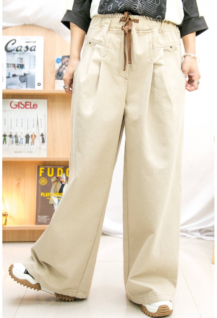 2215-1174A -型格・個性 -橡根腰束繩 ‧ 拼色車線 ‧ 扯布料闊褲 (韓國) 